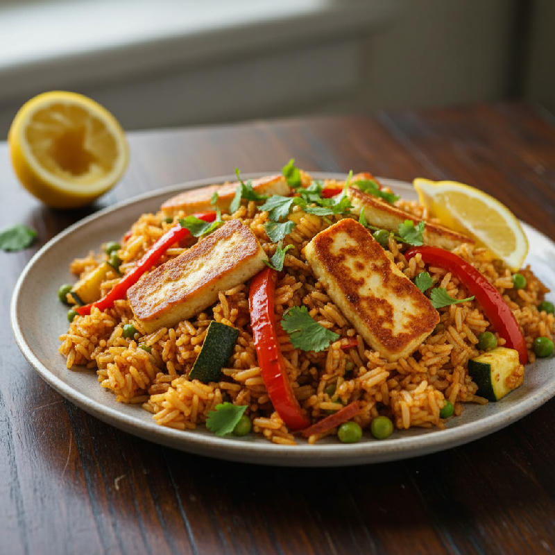Harissa Halloumi Pilaf vegetarian recipe