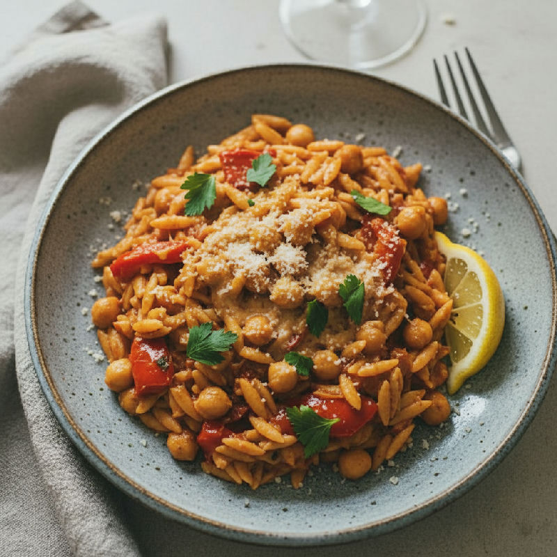 Harissa-Kissed Chickpea & Roasted Red Pepper Orzotto vegetarian recipe