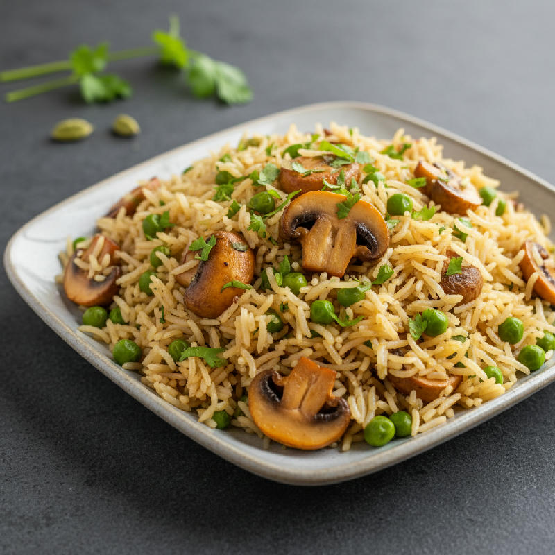 Mushroom Matar Pulao vegetarian recipe