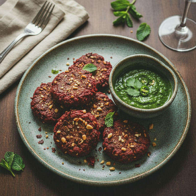 Spiced Beetroot & Peanut Fritters with Mint Chutney vegetarian recipe