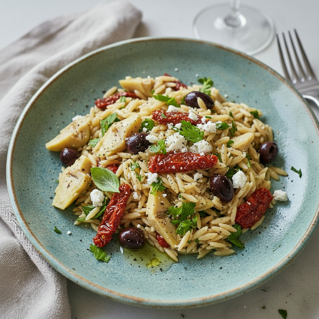 Sun-Drenched Artichoke & Olive Orzo Delight vegetarian recipe